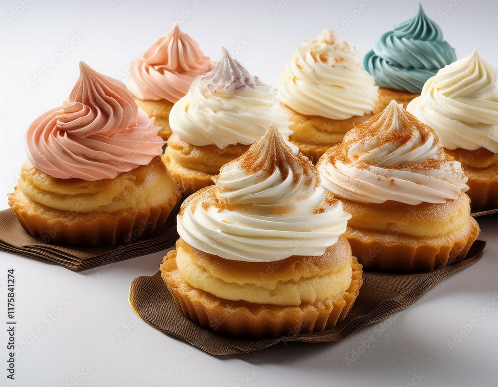 delicious sweet pastries topped with creamy frosting arranged on a white surface delicious sweet pastries topped with creamy frosting arranged on a white surface