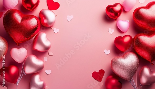 valentine s day banner with red and pink hearts balloons on pink background flat lay