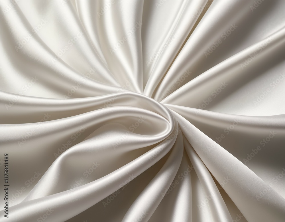 White silk satin fabric displaying a delicate swirl pattern, highlighting its luxurious texture and refined appearance. White silk satin fabric displaying a delicate swirl pattern, highlighting its luxurious texture and refined appearance.