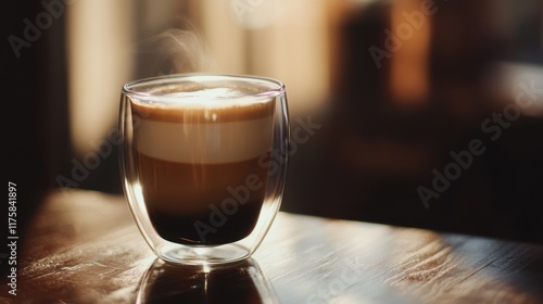 A thermal glass with transparent walls highlighting layers of a latte art creation. photo