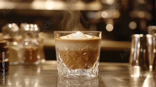 A thermal glass with transparent walls highlighting layers of a latte art creation. photo