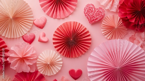 Flat Lay of Pink and Red Paper Fans, Hearts, and Textures Creating a Romantic Ambiance photo