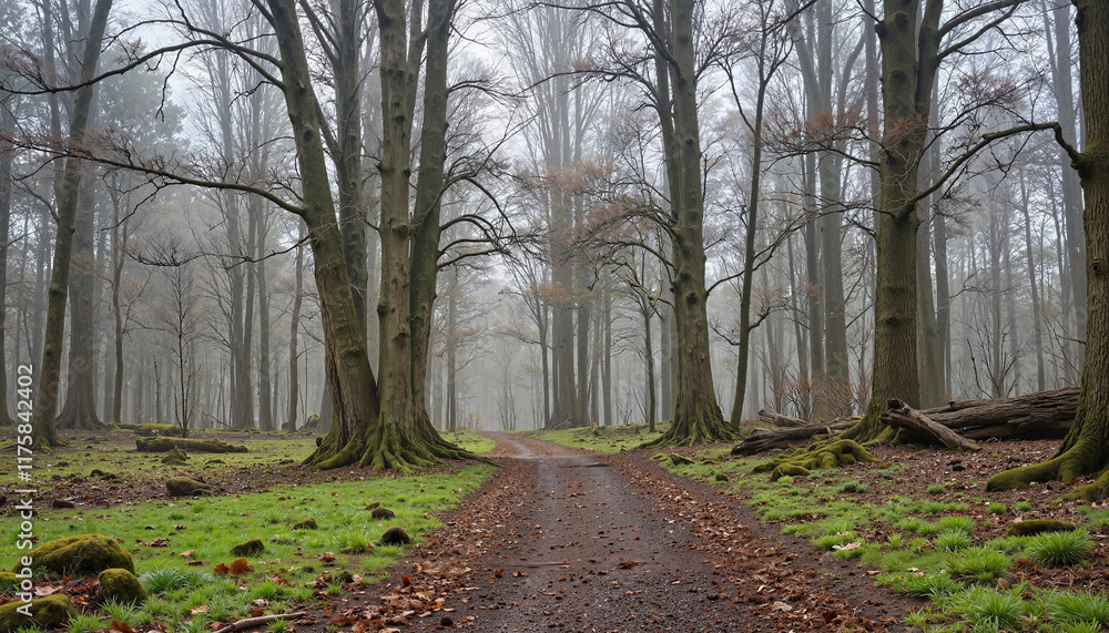 Naklejka premium Misty forest pathway surrounded by tall trees