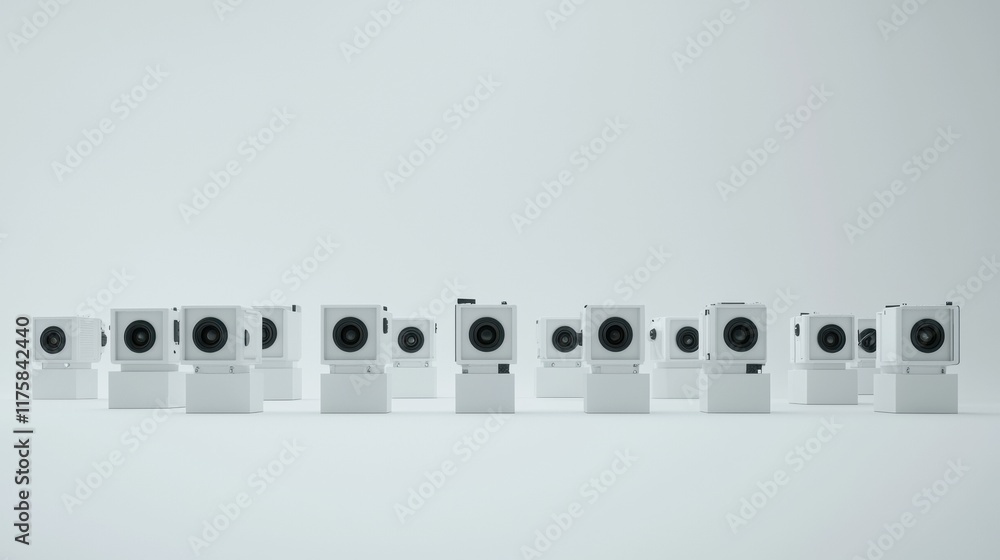 Group of nine white speakers arranged in a row on a plain white background. the speakers are all the same size and shape, and they are all facing the same direction. Group of nine white speakers arranged in a row on a plain white background. the speakers are all the same size and shape, and they are all facing the same direction.