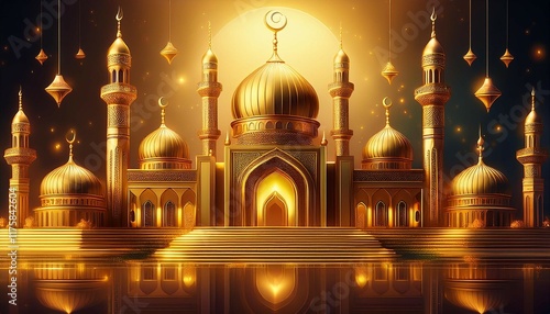 golden illustration of a mosque with minarets and domes symbolizing islamic faith and culture