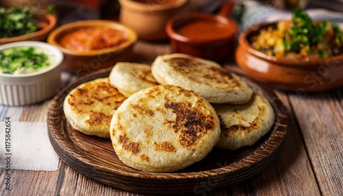 close up of delicious salvadoran pupusas served on a wooden plate surrounded by authentic dishes photo