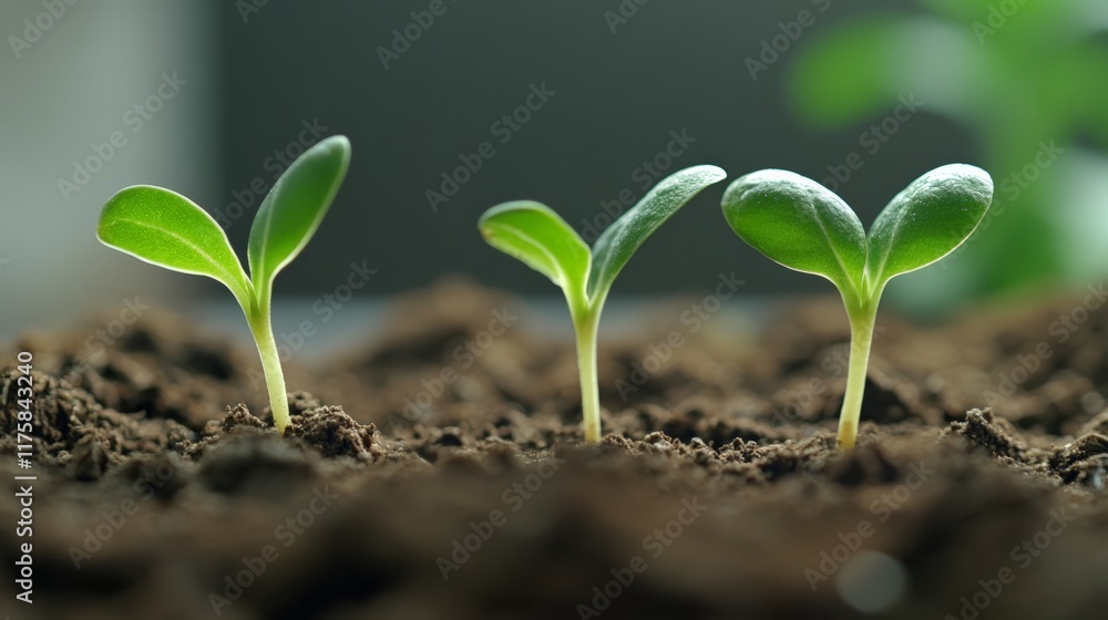 Fototapeta premium Three small green seedlings are growing from dark soil, representing new life, growth, and the importance of sustainable practices for a healthy environment