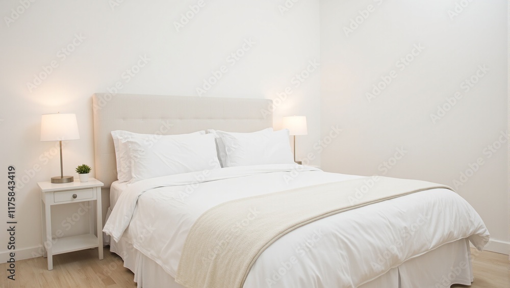 Soothing minimalist bedroom with king sized bed white linens potted plant and warm lighting Soothing minimalist bedroom with king sized bed white linens potted plant and warm lighting