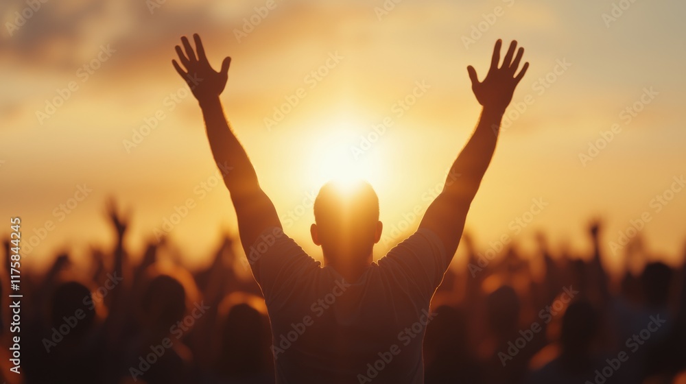 Fototapeta premium Sunset Silhouette Man with Raised Arms Amidst Crowd, Backlit Composition, Hope, Freedom, Festival Keywords Silhouette, Sunset