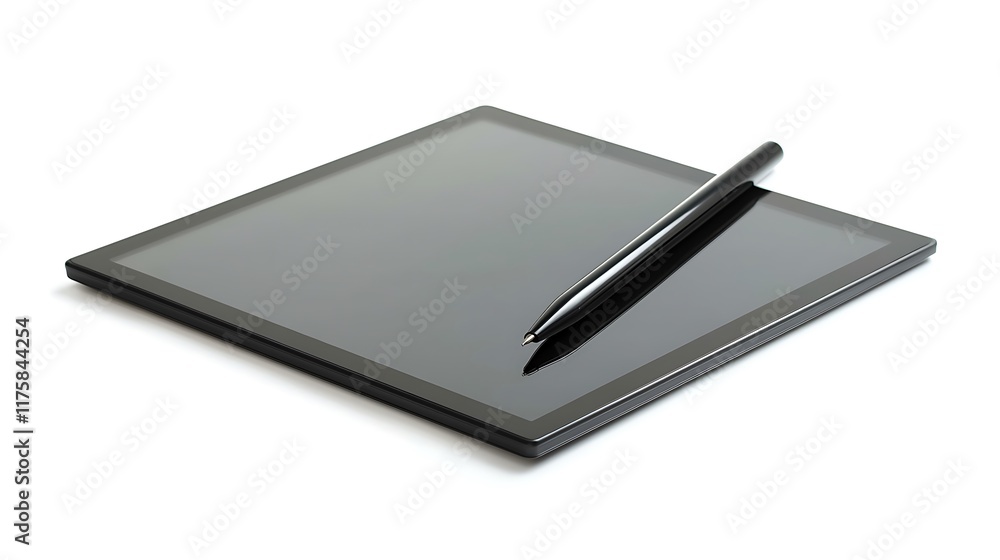 A black pen is on top of a tablet A black pen is on top of a tablet