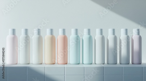 Row of nine bottles of different colors - white, pink, light blue, and light pink - arranged in a line on a white tiled surface. photo