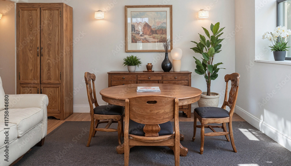 Fototapeta premium Wooden dining furniture in a bright, modern living room