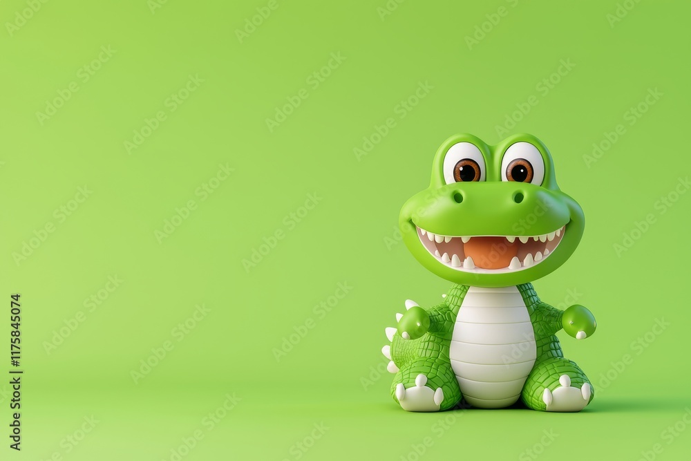 Fototapeta premium Cute alligator cartoon character with a surprised look on a green background, providing space for text. Stock image.