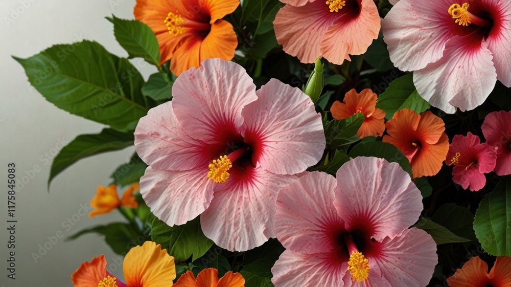 Close-up of vibrant pink, orange hibiscus flowers and lush green leaves. Close-up of vibrant pink, orange hibiscus flowers and lush green leaves.