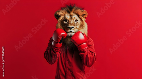 Fierce lion in a boxing uniform striking a dominant pose, symbolizing power and leadership, perfect for motivational branding or competitive sports campaigns photo