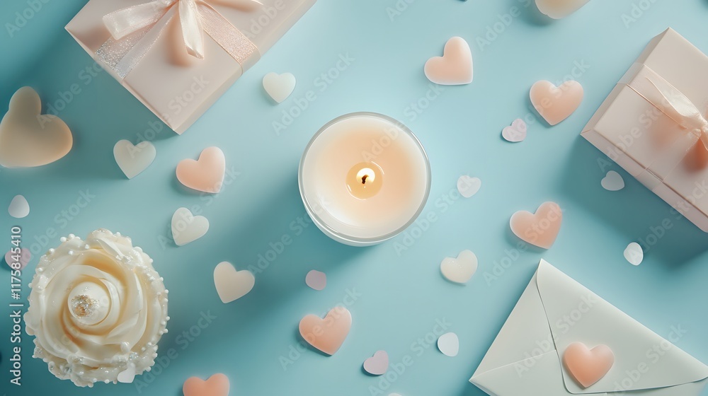 Fototapeta premium Romantic Pastel Scene With Gifts Candle And Hearts