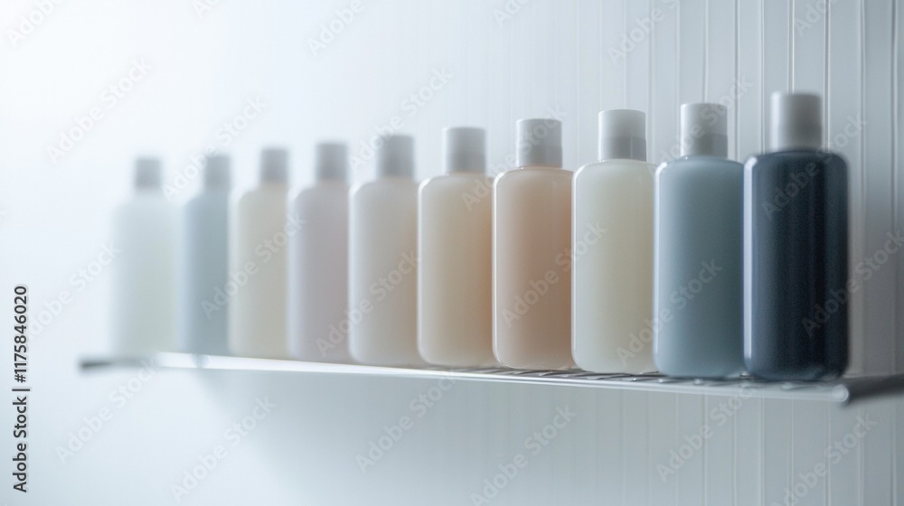 Row of nine bottles of different colors - white, beige, light blue, and dark blue - arranged on a white shelf against a white wall. Row of nine bottles of different colors - white, beige, light blue, and dark blue - arranged on a white shelf against a white wall.