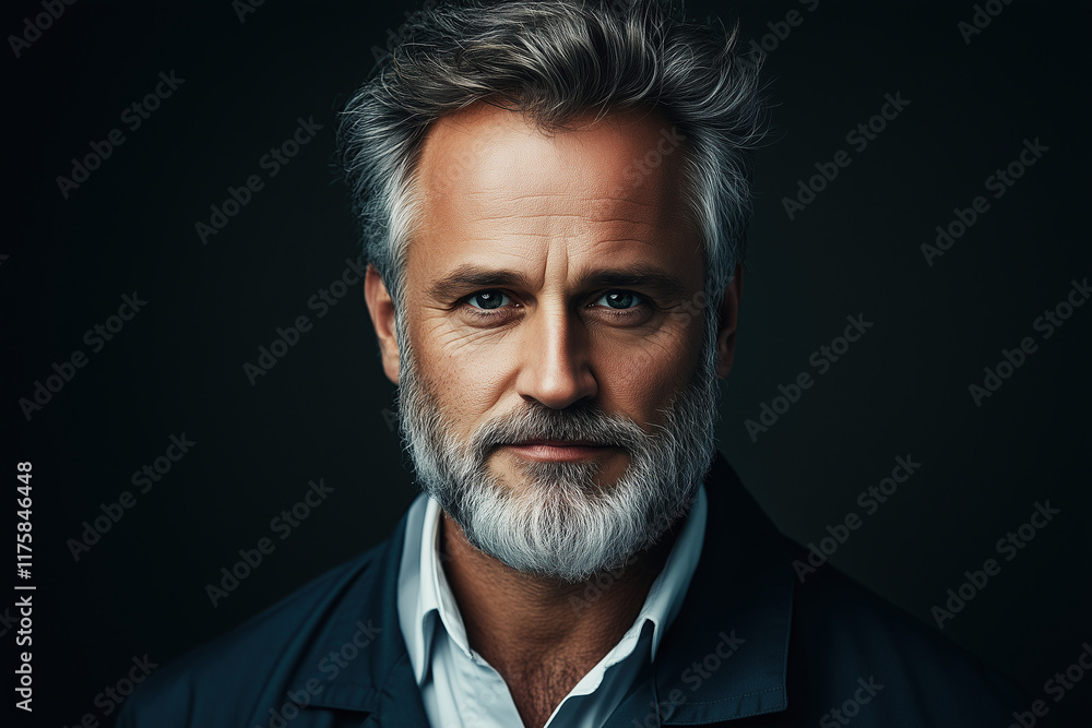 Portrait of a handsome, mature man with gray hair and a beard against a dark background Portrait of a handsome, mature man with gray hair and a beard against a dark background