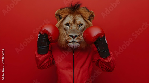 Fierce lion in a boxing uniform striking a dominant pose, symbolizing power and leadership, perfect for motivational branding or competitive sports campaigns photo