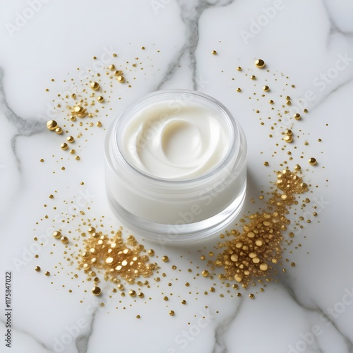 Radiant Beauty Luxurious Skincare Cream Jar with Gold Flakes on White Marble