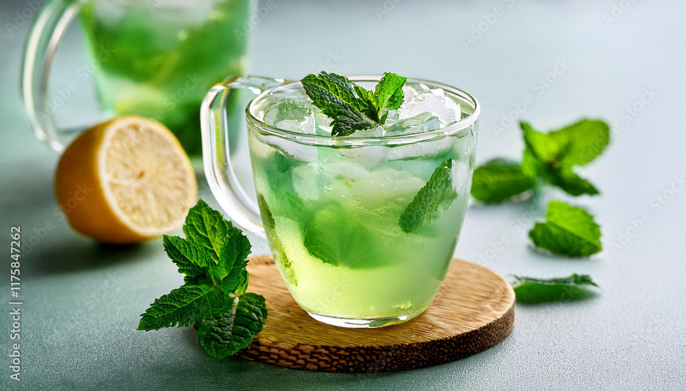 iced mint lemonade in clear cup iced mint lemonade in clear cup