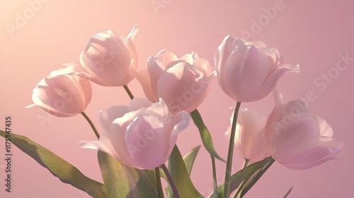 Fresh Pink Tulip Bouquet on Pastel Pink Background with Soft Shadows and Delicate Textures photo