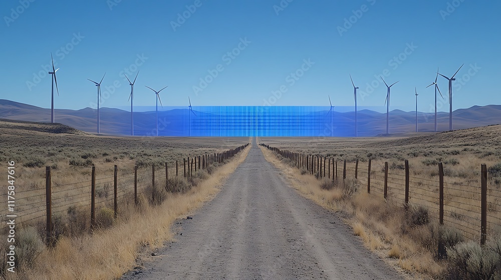 Empty dirt road through a wind farm, with a digital graphic overlay. Empty dirt road through a wind farm, with a digital graphic overlay.