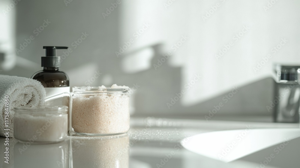 Bathroom countertop with a sink and a towel on it. on the left side of the countertop, there is a black soap dispenser with a pump dispenser. Bathroom countertop with a sink and a towel on it. on the left side of the countertop, there is a black soap dispenser with a pump dispenser.
