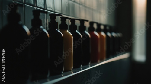 Row of bottles of different colors lined up on a shelf in a bathroom. the bottles are of different sizes and shapes, with the largest one in the center and the smallest one on the right side. photo