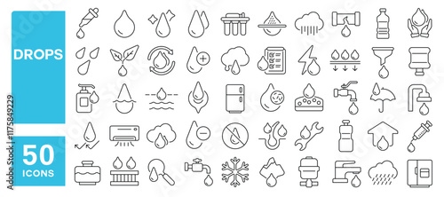Set of 50 line icons related to drops, droplet, rain, water, pour, liquid, faucet, bottle, moisture, Editable stroke. Vector illustration