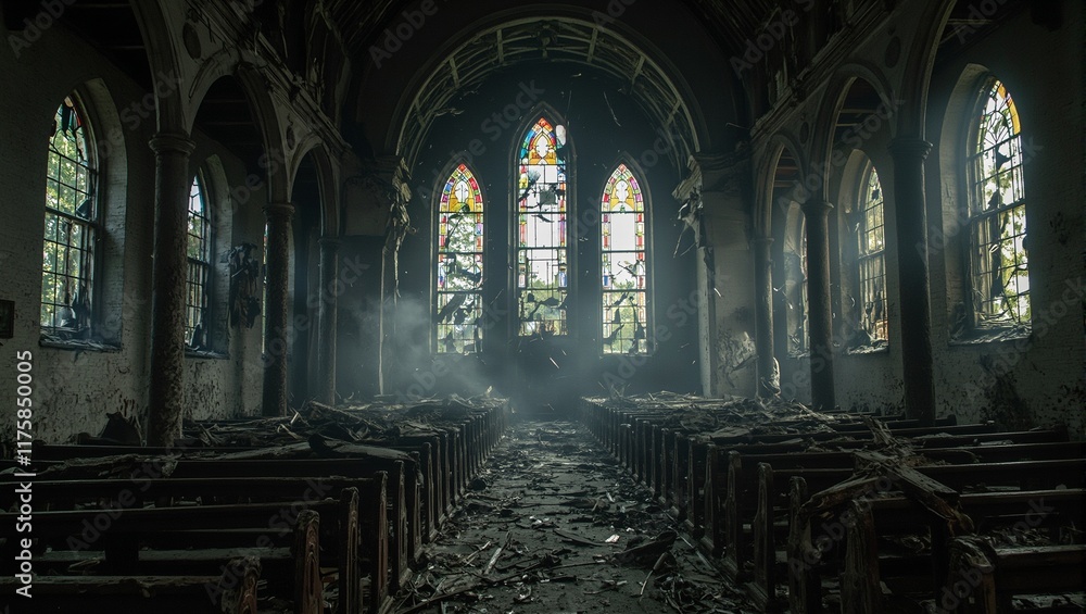 Eerie mist swirls through a decayed church with shattered stained glass windows