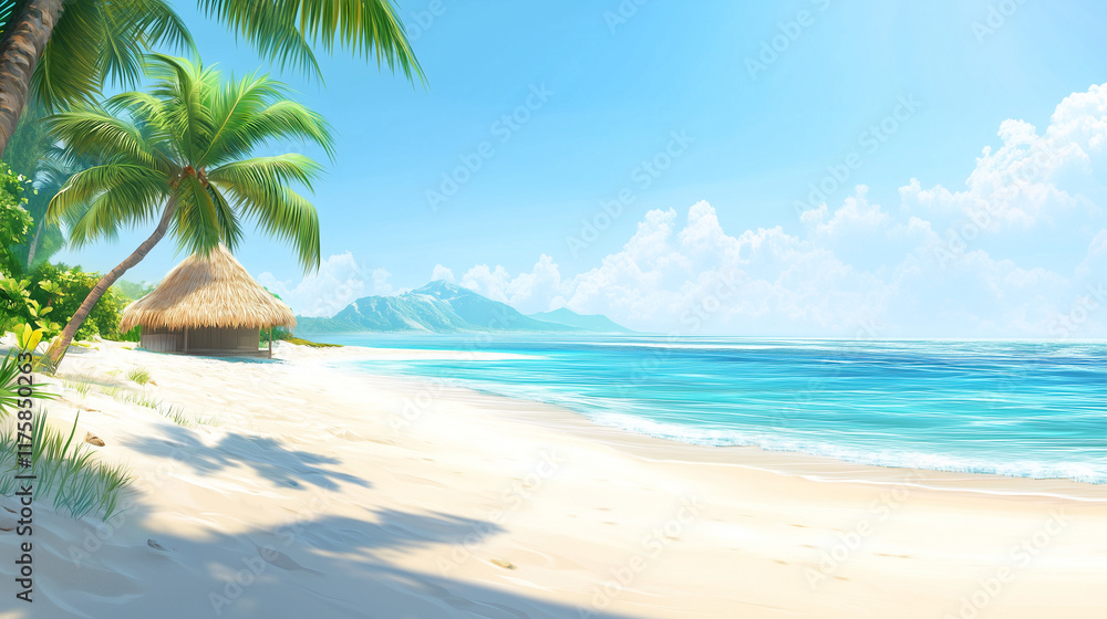 A beautiful tropical beach with white sand, palm trees, and clear blue water. The sandy shore is visible in the foreground. A thatched hut stands on one side near the ocean. The sky above shines brigh A beautiful tropical beach with white sand, palm trees, and clear blue water. The sandy shore is visible in the foreground. A thatched hut stands on one side near the ocean. The sky above shines brigh