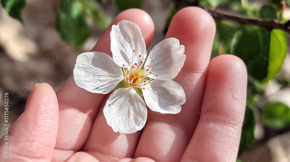 A delicate white flower resting on a hand. A delicate white flower resting on a hand.