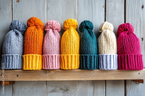 Colorful beanies displayed on simple wooden shelf photo