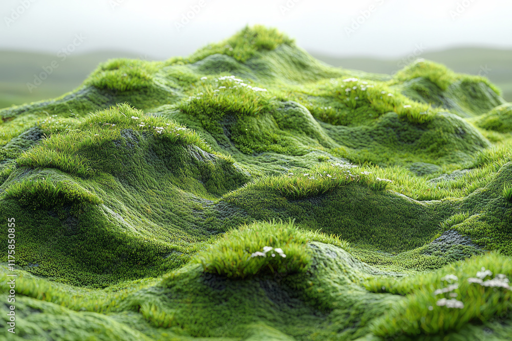 A lush green moss-covered landscape with soft, uneven mounds, displayed on a plain beige background. A lush green moss-covered landscape with soft, uneven mounds, displayed on a plain beige background.