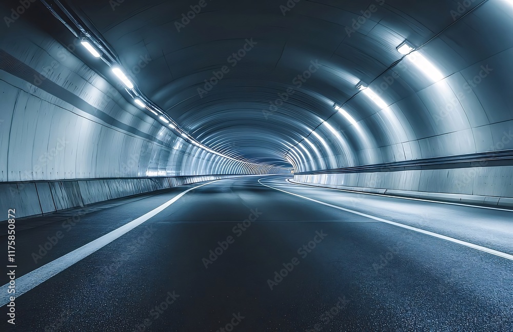 Illuminated highway tunnel, road receding into darkness. Illuminated highway tunnel, road receding into darkness.