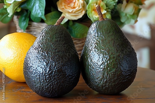 Two ripe avocados rest on wooden surface near citrus fruit photo