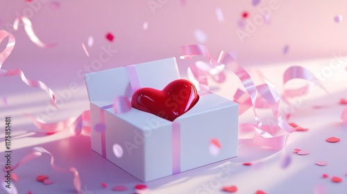 White Gift Box with Red Heart, Pink Satin Ribbons, and Confetti on Pastel Pink Background photo