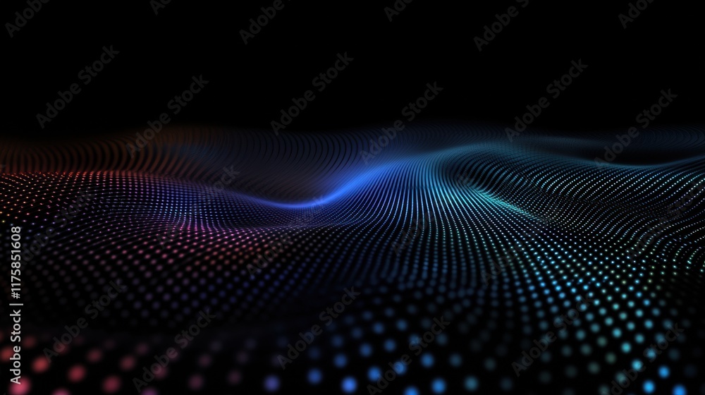 Abstract digital art piece with a black background. the focal point of the image is a wave-like pattern made up of small dots in different colors - blue, pink, and red. Abstract digital art piece with a black background. the focal point of the image is a wave-like pattern made up of small dots in different colors - blue, pink, and red.