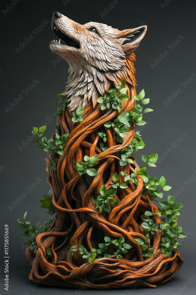 Fototapeta premium A powerful wolf crafted from twisted wooden roots and slender vines, with small green leaves growing along its form, isolated on a solid dark grey background.
