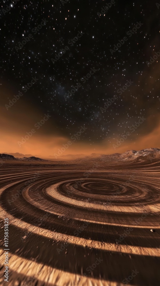 Fototapeta premium Mesmerizing Circular Patterns on Alien Landscape Under Starry Sky with Dusty Atmosphere and Distant Mountains, Evoking a Sense of Otherworldly Adventure and Mystery