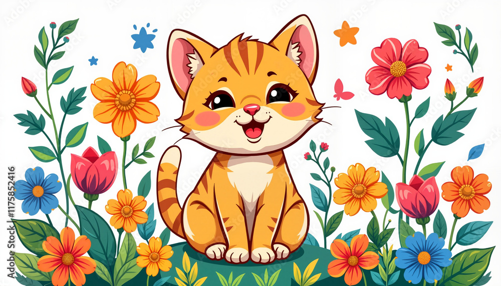 Fototapeta premium Happy cat sitting among colorful flowers