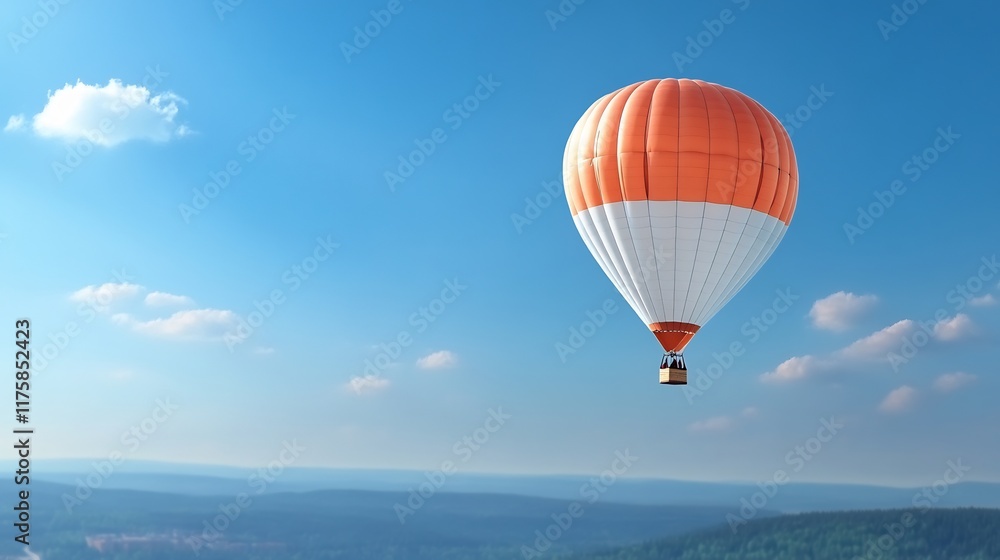 Naklejka premium Hot Air Balloon Soaring Gracefully Across a Sunny Summer Sky: Wide Shot Photo. AI Generated