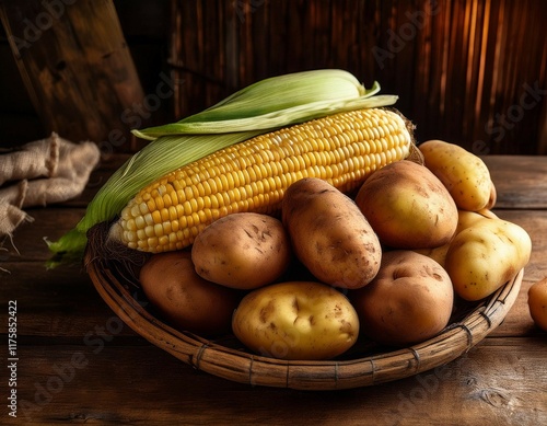fresh ecuadorian corn and potatoes are carefully arranged on a wooden table in a rustic kitchen