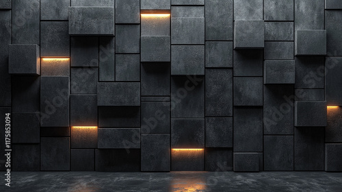 Fototapeta Naklejka Na Ścianę i Meble -  Dark concrete wall with integrated white light strips, featuring geometric tech design with illuminated, futuristic 3D blocks creating a minimalistic and modern look

