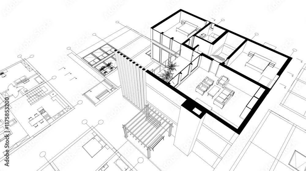 Fototapeta premium house architectural project sketch 3d illustration 