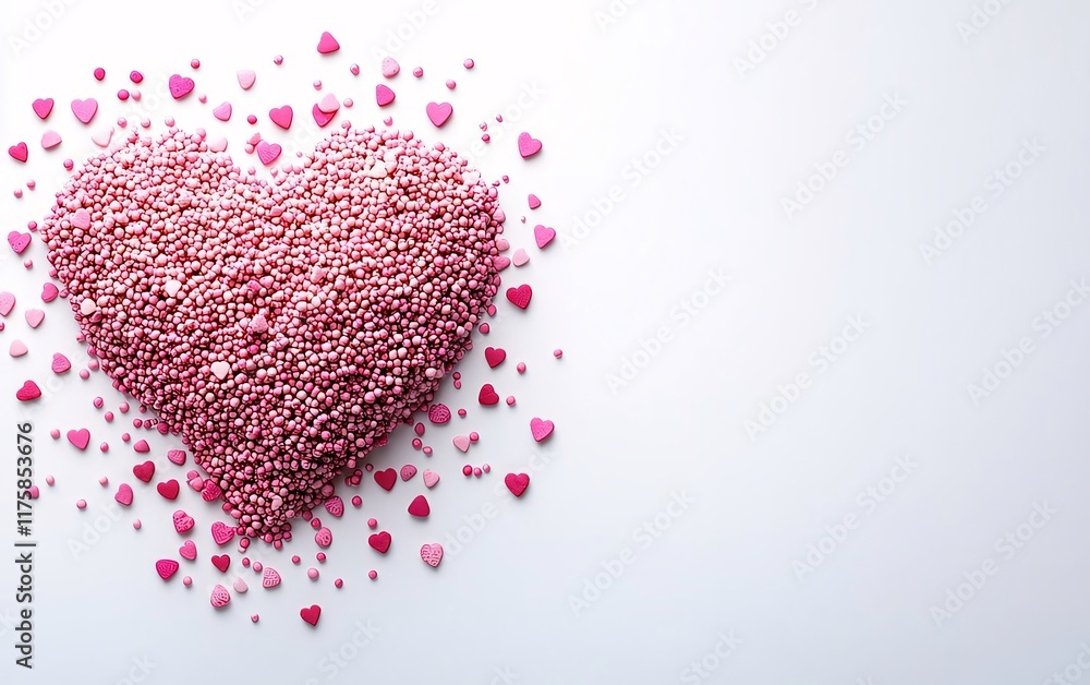 Pink heart-shaped sprinkles on white background. Pink heart-shaped sprinkles on white background.