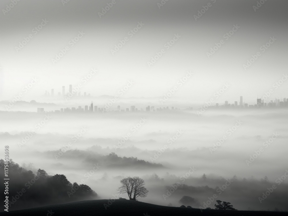 Fototapeta premium Beautiful image of the trees on the hill near the farms photographed in misty weather.