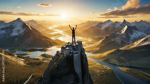 Hiker Reaching the Summit of a Mountain with a Stunning Panoramic View of Peaks, Valleys, and Rivers at Sunrise

 photo