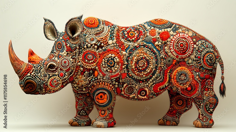 Obraz premium Ornate mosaic rhino sculpture, vibrant colors, detailed texture.
